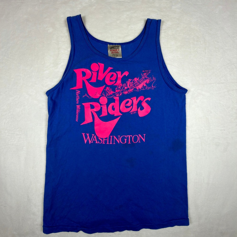 Vintage Oneita Power-T River Riders Washington Tank Top Blue Neon Pink Small USA